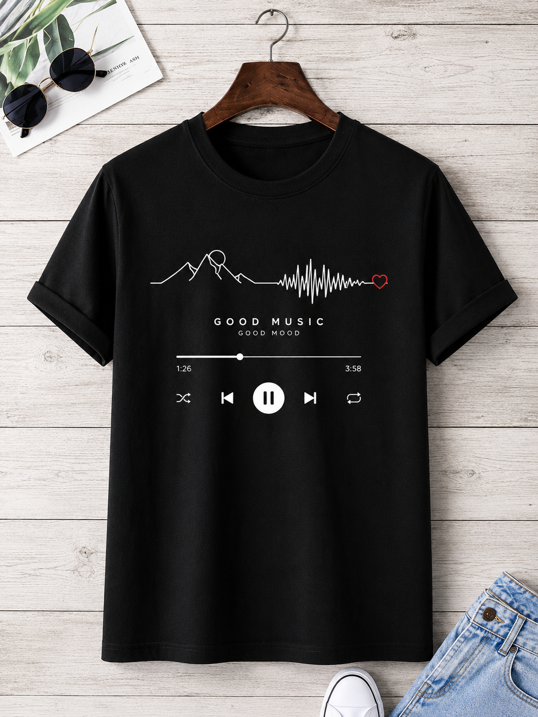 Good Music Good Mood T-Shirt for Men – Music Lover Graphic Black Casual Tee