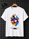 Colorful Abstract Cube Graphic T-Shirt for Men – Artistic 3D Printed Casual White Tee
