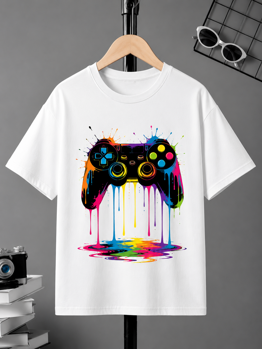 Colorful Gaming Controller T-Shirt for Men – Gamer Graphic Printed White Casual Tee
