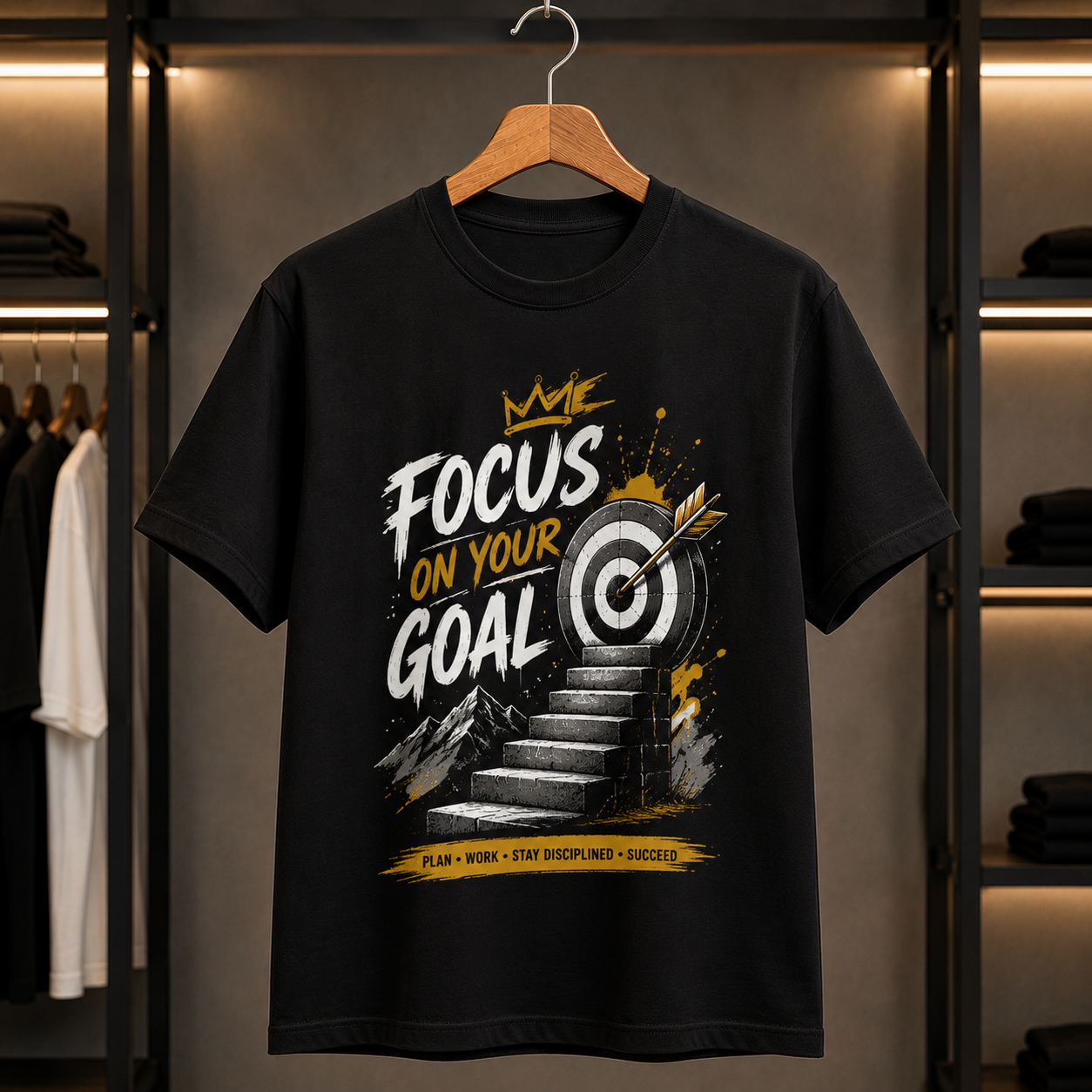 Focus on Your Goal Motivational T-Shirt for Men – Target & Success Graphic Black Tee